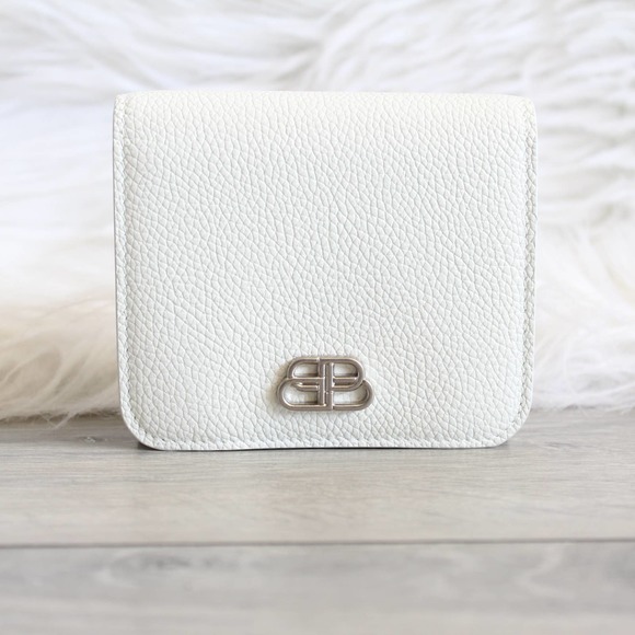 Balenciaga Handbags - Balenciaga White Mini BB Logo Mono Pebbled Leather Trifold Compact Wallet